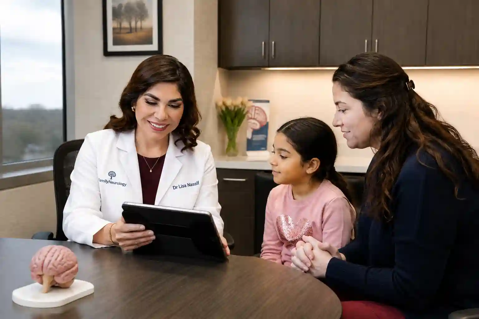 Female neurologist consulting with patient family in a Houston neurology clinic