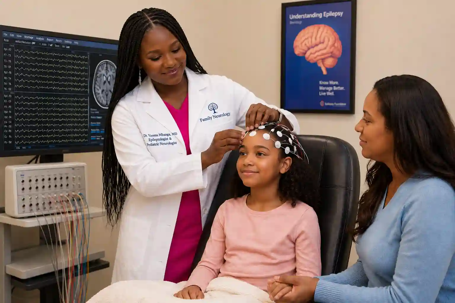 Child receiving an EEG brain test at a neurology clinic in Houston TX